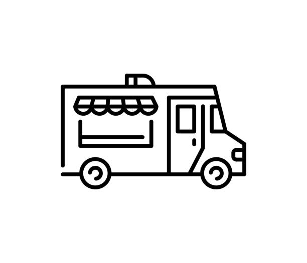 Street Food Truck Icon Logo Street food truck icon template. Vector line trade van illustration. Mobile cafe car logo background. Festival shop transport to cook and sell meals food truck stock illustrations