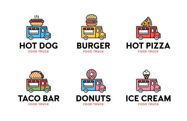 ilustraciones, imágenes clip art, dibujos animados e iconos de stock de conjunto de logotipos de camiones de comida callejera - food truck