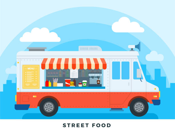 ilustraciones, imágenes clip art, dibujos animados e iconos de stock de ilustraciones planas de vectores de comida callejera. camiones de comidas con comida rápida en el cielo telón de fondo. - food truck