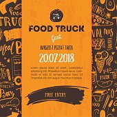 Street junk food festival menu cover design. Festival Design template with hand-drawn graphic elements and lettering. Vector menu board
