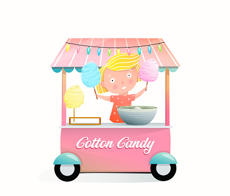 Street market vendor stand with cotton candy, little girl selling candy floss, smiling happy. Trade stall with sweet food for children, kids sweets shop cartoon design.