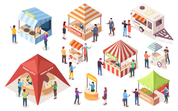 ilustrações de stock, clip art, desenhos animados e ícones de street or fast, junk food tents. set of isometric counters and stall, van or wagon, awning and canopy. coffee, burger, ice-cream, pizza, fruit, hot-dog, sushi, juice, burger. vector people buying meal - festival