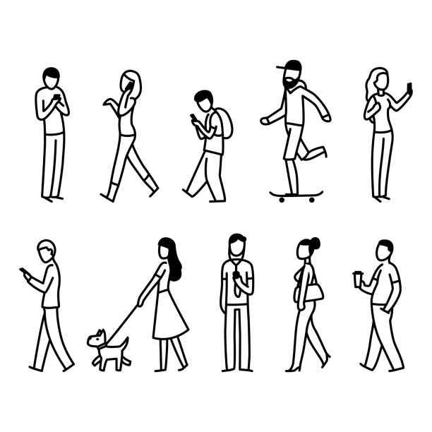 Street people walking set Diverse set of people walking in city street. Simple black and white doodle of pedestrians. Isolated vector illustration. selfie symbols stock illustrations