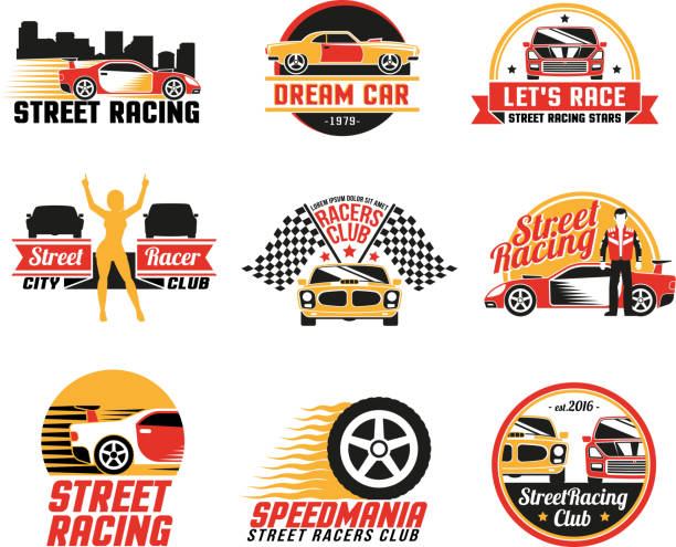 Street racing clubs labels emblems collection with dream car golden...