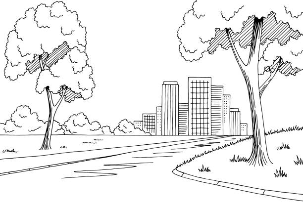Street road graphic black white city landscape sketch illustration vector Street road graphic black white city landscape sketch illustration vector road drawings stock illustrations