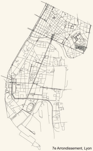 street roads map of the 7th arrondissement of lyon, france - lyon stock illustrations