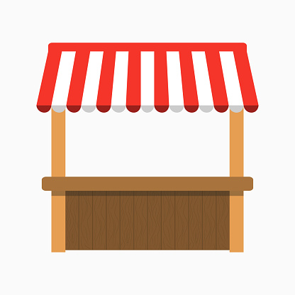 Street stall with awning. Kiosk with wooden rack. Vector