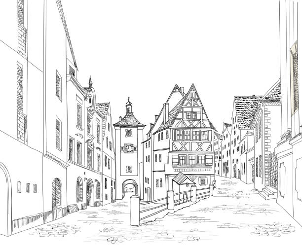 Street view. City road. Urban landscape. Cityscape sketch Street with old buildings and cafe in old city. Cityscape - houses, buildings and tree on alleyway. Old city view. Medieval european castle landscape. Urban landscape illustration. Pencil drawn vector sketch half timbered stock illustrations