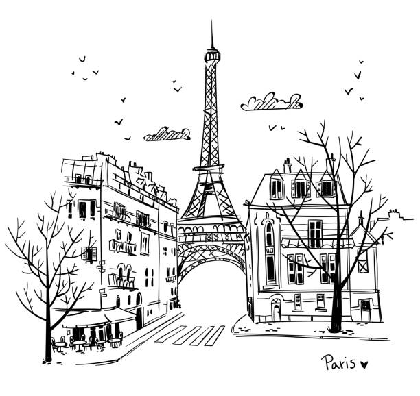 Streets of Paris sketch, vector illustration  eiffel tower stock illustrations