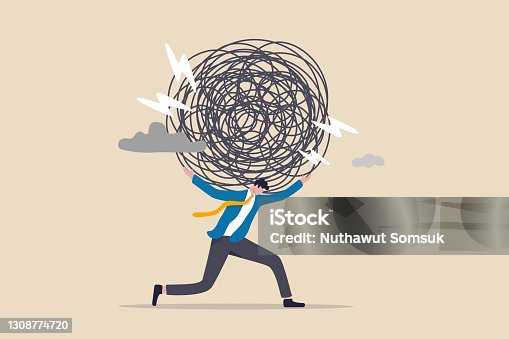 istock Stress burden, anxiety from work difficulty and overload, problem in economic crisis or pressure from too much responsibility concept, tried exhausted businessman carrying heavy messy line on his back 1308774720