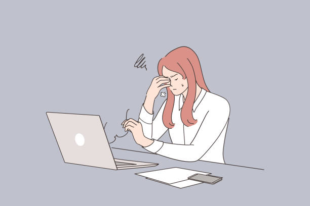 Stress, burnout, overwork concept Stress, burnout, overwork concept. Young stressed businesswoman cartoon character witting touching head working on laptop feeling worried, tired and overwhelmed vector illustration exhaustion stock illustrations