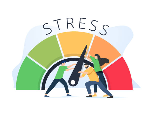 ilustraciones, imágenes clip art, dibujos animados e iconos de stock de el nivel de estrés se redujo con el concepto de resolver problemas y presiones de personas pequeñas. cansado de la frustración empleado en el trabajo. - ease