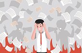 istock Stressed office worker on deadline and silhouettes of people shouting through megaphone vector flat illustration. 1311697501