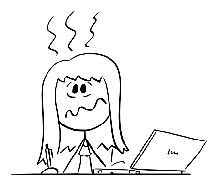 Stressed Overworked Woman Sitting Behind Desk Working in Office on Computer, Vector Cartoon Stick Figure Illustration
