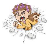 Angry, stressed woman with mad facial expression loud yelling shouting screaming housewife with hair curlers in bathrobe punching hole in a wall, breaking free