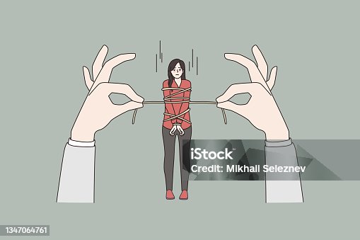 istock Stressed woman tied with rope by huge hands 1347064761