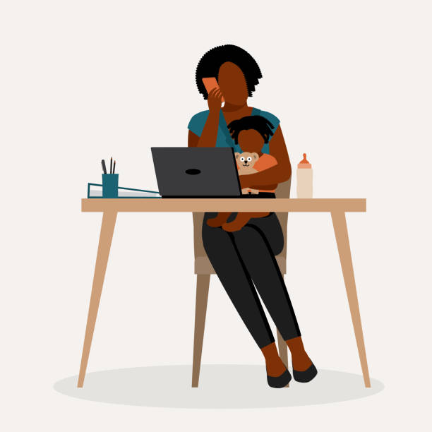 Stressful Black Mother Working At Home With Children. Remote Working. Black Mother Stop Feeding Her Baby While Answering Calls. Full Length, Isolated On Solid Color Background. Vector, Illustration, Flat Design, Character. black woman using phone stock illustrations