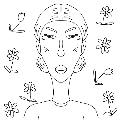 Strict elderly woman with hair gathered back, outline portrait of lady and doodle flowers for postcard or design