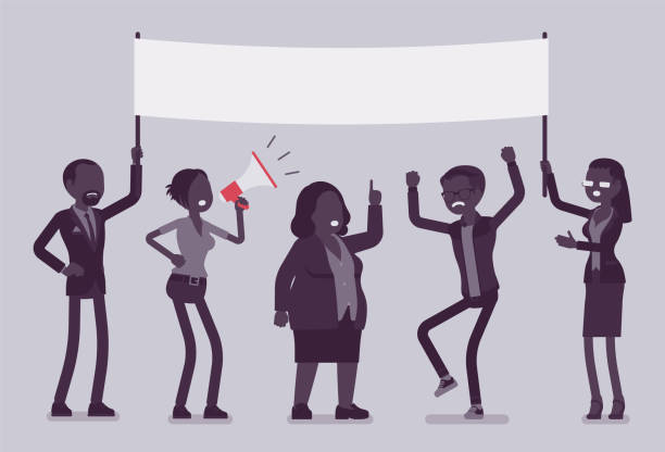 Strike demonstration mass group with banner Strike demonstration mass group with banner. Social active gathering, crowd of people meeting for public picketing, political campaign for workers or business. Vector creative stylized illustration angry crowd stock illustrations