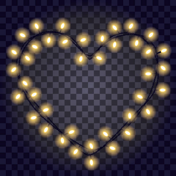 String lights in the form shape of heart with glowing yellow lights isolated on dark violet transparent background String lights in the form shape of heart with glowing yellow lights isolated on dark violet transparent background. Vector illustration. Festive frame for love cards on Valentines day, birthday, banners. background of the glow in the dark hearts stock illustrations