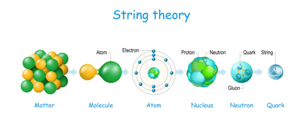 String theory String theory. From matter, molecule, and atom, to electrons, protons, neutrons and quarks. Quantum physics. Atomic models. theoretical framework. Vector diagram proton stock illustrations