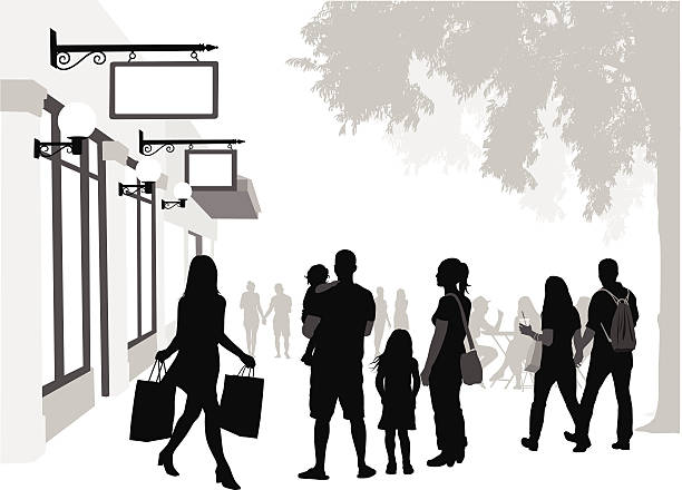 Strip Mall Shoppers A vector silhouette illustration of people on the side walk along a row of shops. shopping silhouettes stock illustrations