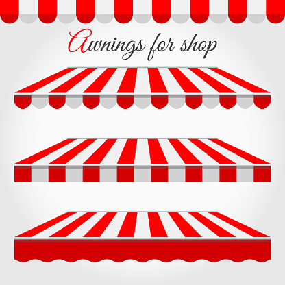 Striped Awnings for Shop in Different Forms. Red and White Awning with Sample Text