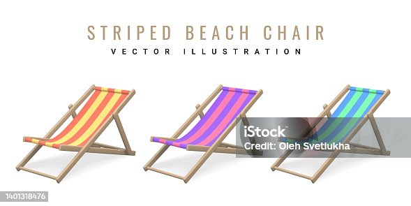 istock Striped beach chair. Realistic 3D deck chair isolated on white background. Summertime object. Vector illustration 1401318476