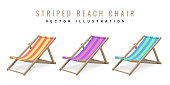 istock Striped beach chair. Realistic 3D deck chair isolated on white background. Summertime object. Vector illustration 1401318476