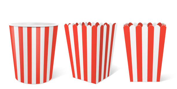 Striped paper box for popcorn in cinema Striped paper box for popcorn isolated on white background. Vector realistic mock up of empty white and red bucket for pop corn, blank square and round pack for chicken, potato and snack in cinema popcorn stock illustrations
