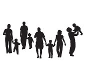 A vector silhouette illustration of familes and young children.  Mothers and fathers hold hands with their toddlers just learning to walk.