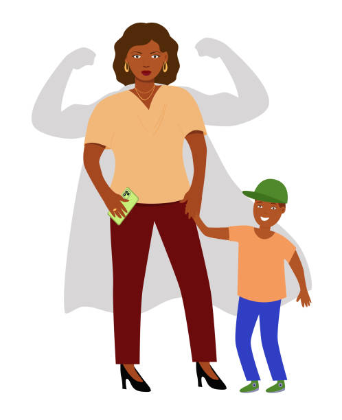 Strong and independent Black businesswoman with a son. Strong African American Super mom Cartoon super mom holding son's hand. Family and motherhood . Happy superhero Multiracial mother and son flat vector illustration. A strong and independent Black woman with a phone in her hands. black superwoman stock illustrations