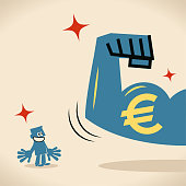 Blue Little Guy Characters Full Length Vector art illustration.Copy Space.
Strong arm with biceps showing euro (European Union Currency) sign to blue man.