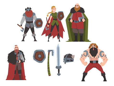Strong Brave Vikings Collection, Male and Female Scandinavian Warriors Characters in Traditional Clothes with Weapon Vector Illustration