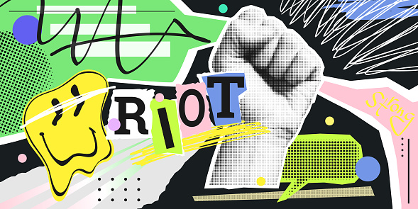 Strong fist raised up in halftone shape. Vector collage in contemporary punk grunge style . Modern poster with dotted elements, brush strokes, urban magazine pattern. Concept of human rights fight.