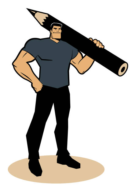 stockillustraties, clipart, cartoons en iconen met a strong man smiles and carries a big pencil on his shoulder and stands with one fist on his hip - arabic student