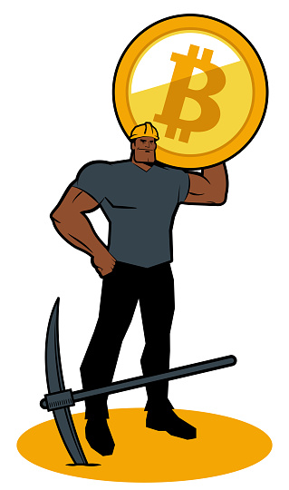 A strong miner who wears a hard hat smiles and carries a big bitcoin on his shoulder and stands with one fist on his hip, a pickaxe stuck in the ground