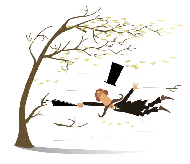 Strong wind, umbrella and man snatches up a tree illustration vector art illustration
