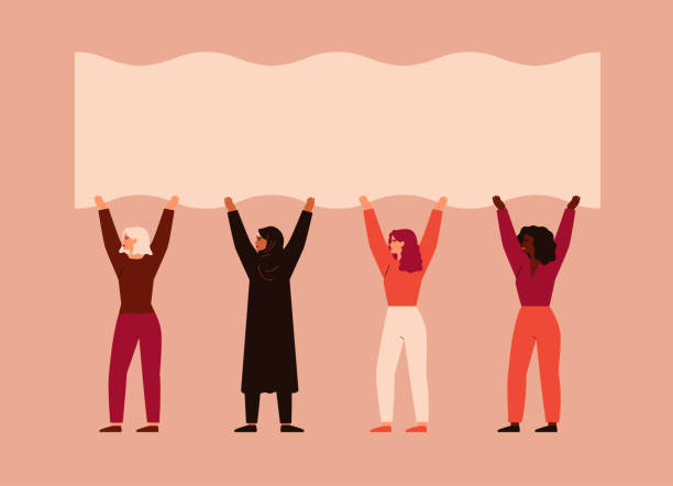 Strong women different nationalities and cultures stand together and pick up blank poster. Strong women different nationalities and cultures stand together and pick up blank poster. Vector concept of the female's empowerment movement and Environment conservation only women stock illustrations