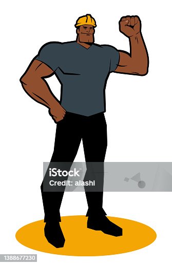 istock A strong worker wears a hard hat and raises a fist and stands with one fist on his hip 1388677230