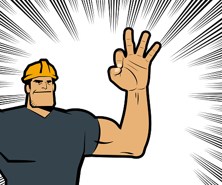 A strong worker with a hard hat smiles and gives the OK gesture or OK sign or ring gesture, with comics effects lines in the background