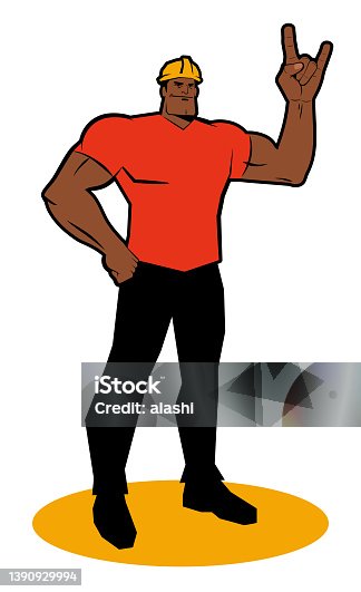 istock A strong worker with a hard hat smiles with one fist on his hip and gestures the Rock And Roll Hand Sign (the sign of the horns) 1390929994