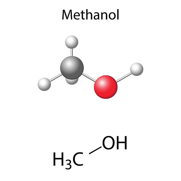 Structural chemical formula and model of methanol molecule vector art illustration