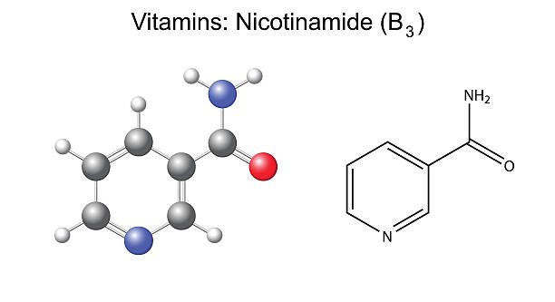 Structural chemical formula and model of niacinamide (nicotinamide, b3) vitamin vector art illustration