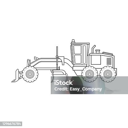 istock Structure of road grader construction vehicle equipment machine. Only black and white for coloring page, children book. 1296676784