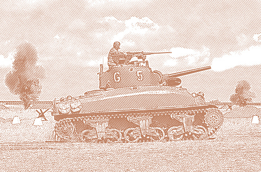 WWII M5 Stuart Tank firing weapons on Omaha Beach