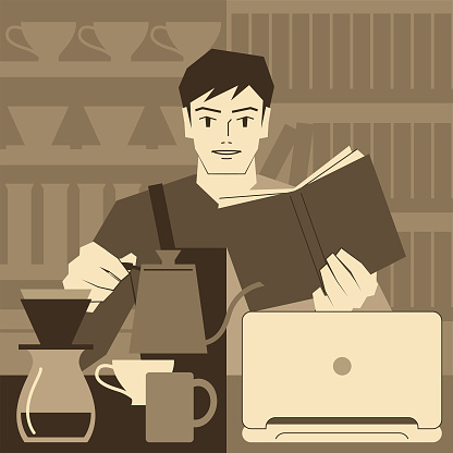 Student at Work concept, student in a coffee shop workplace and wearing a apron uniform and carrying a swan neck kettle, also studying a textbook in a library or taking an online course