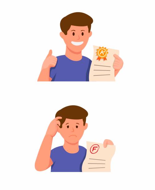 Student boy holding exam paper with good grade and bad grade result icon set in cartoon illustration vector isolated in white background Student boy holding exam paper with good grade and bad grade result icon set in cartoon illustration vector isolated in white background students exam results stock illustrations