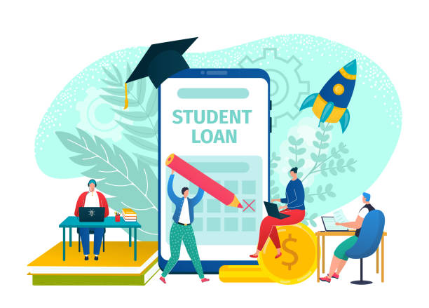 Student finance loan, money debt concept vector illustration. Flat education in university, college for person with financial problem. Student finance loan, money debt concept vector illustration. Flat education in university, college for person with financial problem. People character design economy credit for knowledge. student loan stock illustrations