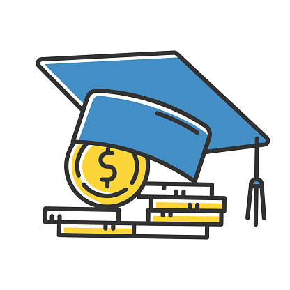 Student loan color icon. Credit to pay for university education. Tuition fee. College scolarship. Graduation hat, coin stack. Budget investment. Academic achievement. Isolated vector illustration